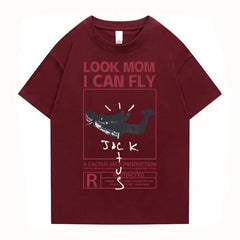 Round Neck Look Mom I Can Fly Print T Shirts