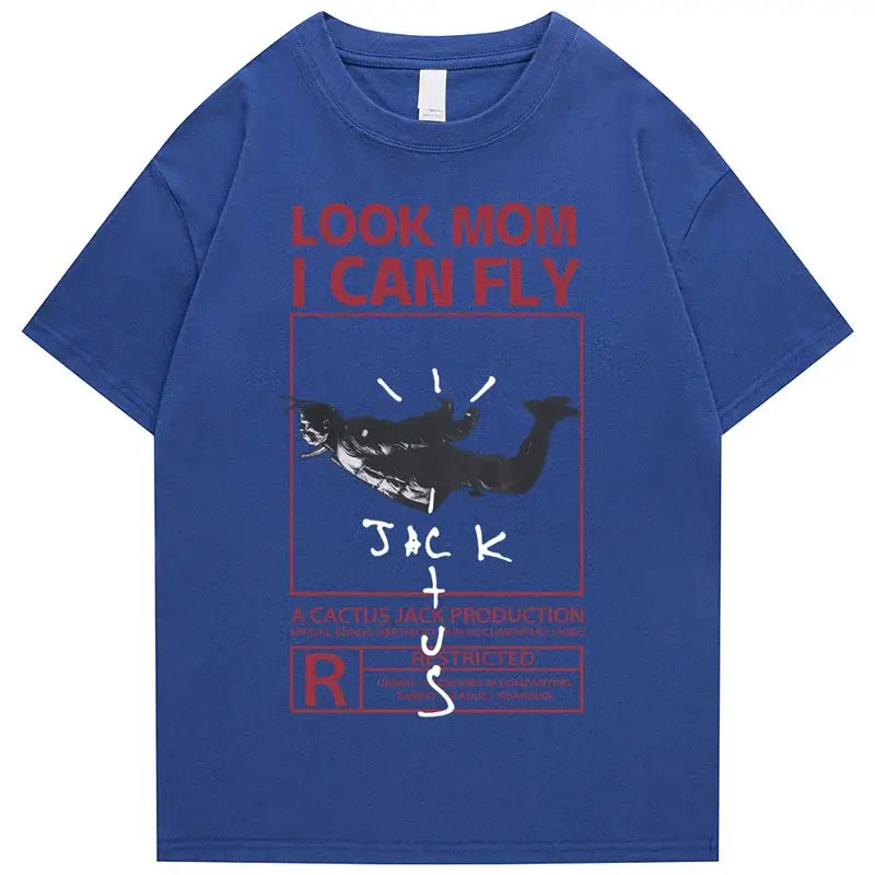 Round Neck Look Mom I Can Fly Print T Shirts - Shirt