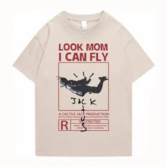 Round Neck Look Mom I Can Fly Print T Shirts