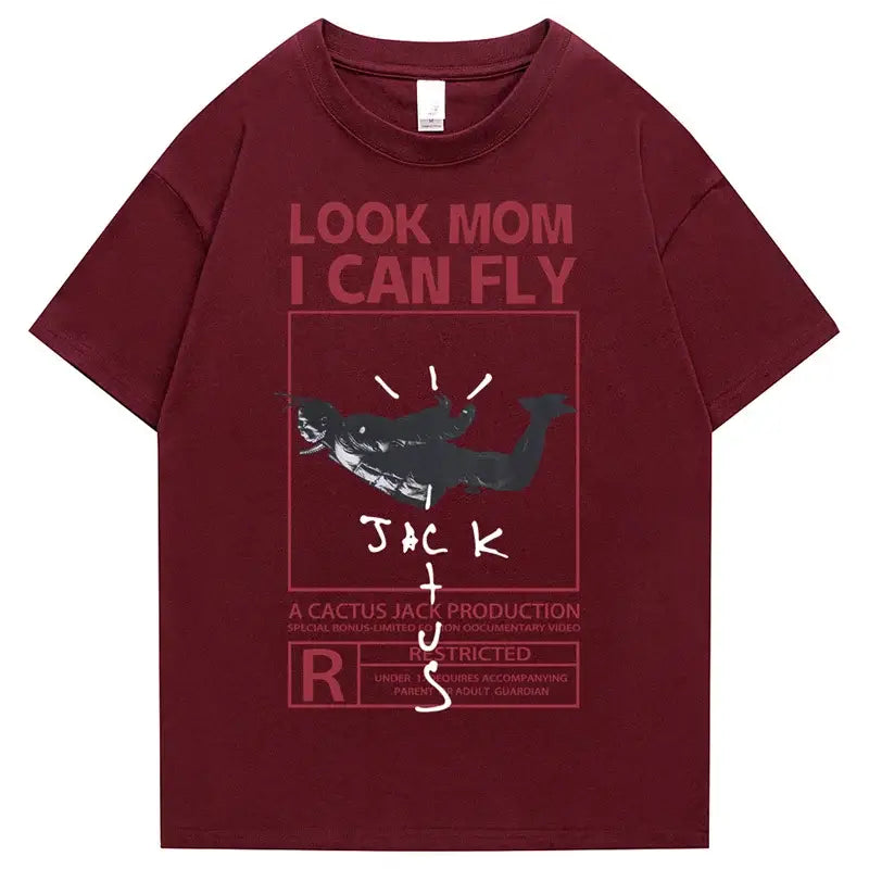 Round Neck Look Mom I Can Fly Print T Shirts - Shirt