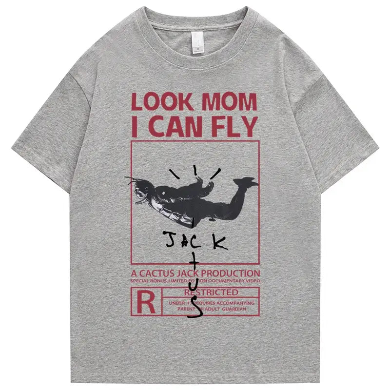 Round Neck Look Mom I Can Fly Print T Shirts - Shirt