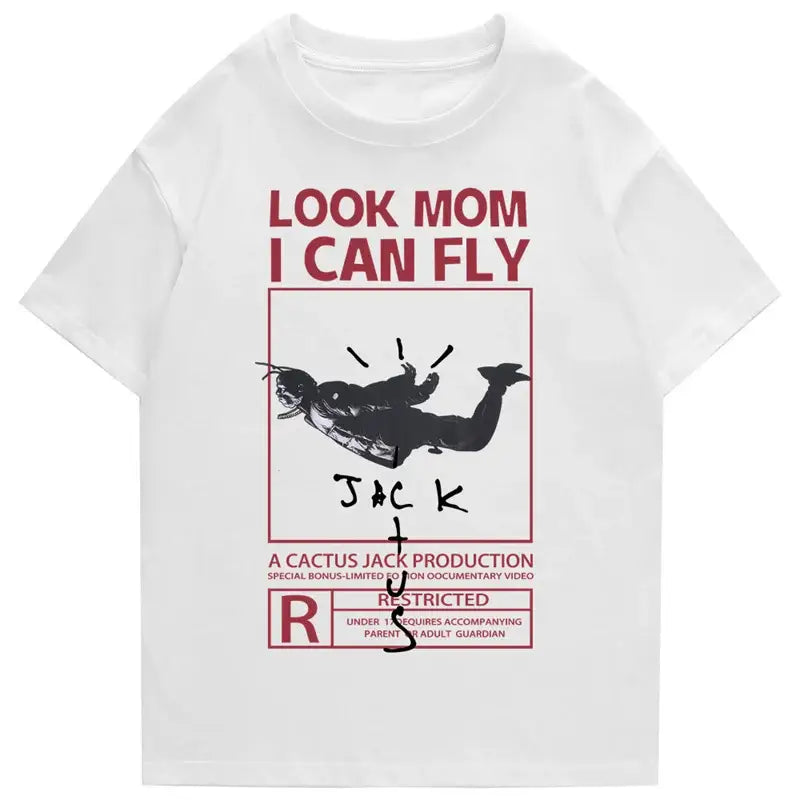 Round Neck Look Mom I Can Fly Print T Shirts