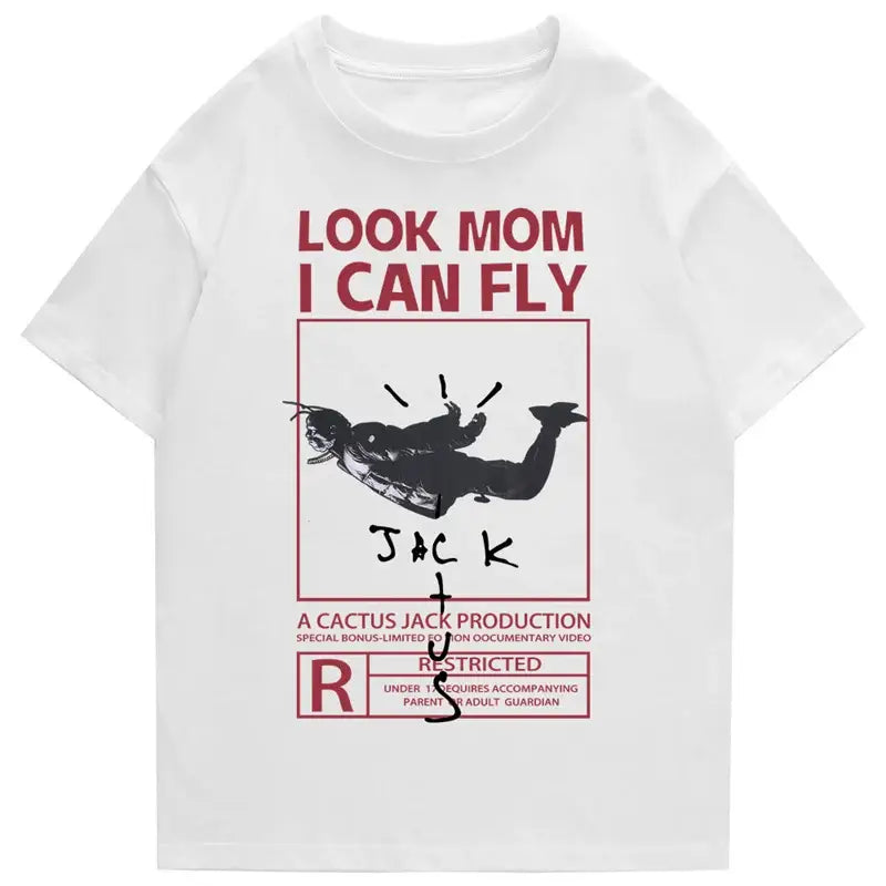Round Neck Look Mom I Can Fly Print T Shirts - White / S