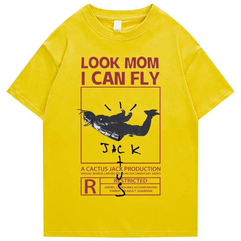 Round Neck Look Mom I Can Fly Print T Shirts - Yellow Black