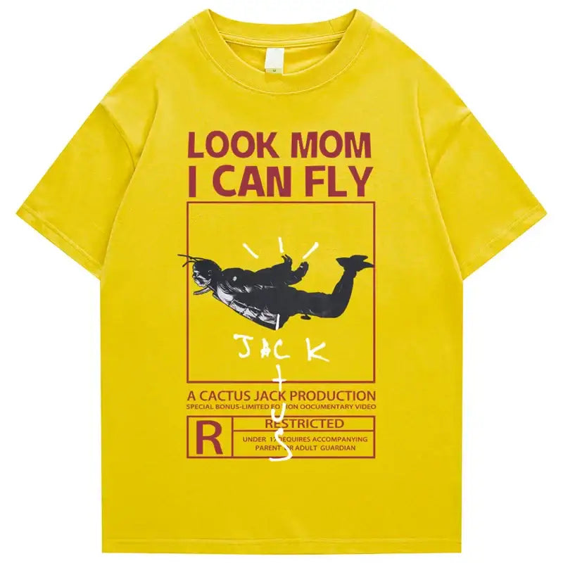 Round Neck Look Mom I Can Fly Print T Shirts - Yellow White