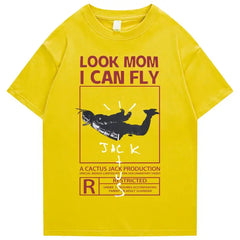 Round Neck Look Mom I Can Fly Print T Shirts