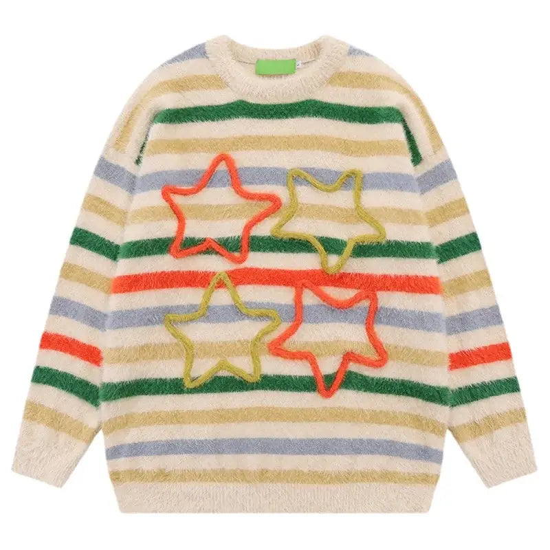 Round Neck Plush Embroidery Loose Sweater - Khaki / M