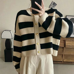 Round Neck Striped Knitted Button Up Loose Cardigan black