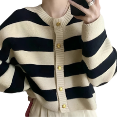 Round Neck Striped Knitted Button Up Loose Cardigan