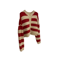 Round Neck Striped Knitted Button Up Loose Cardigan