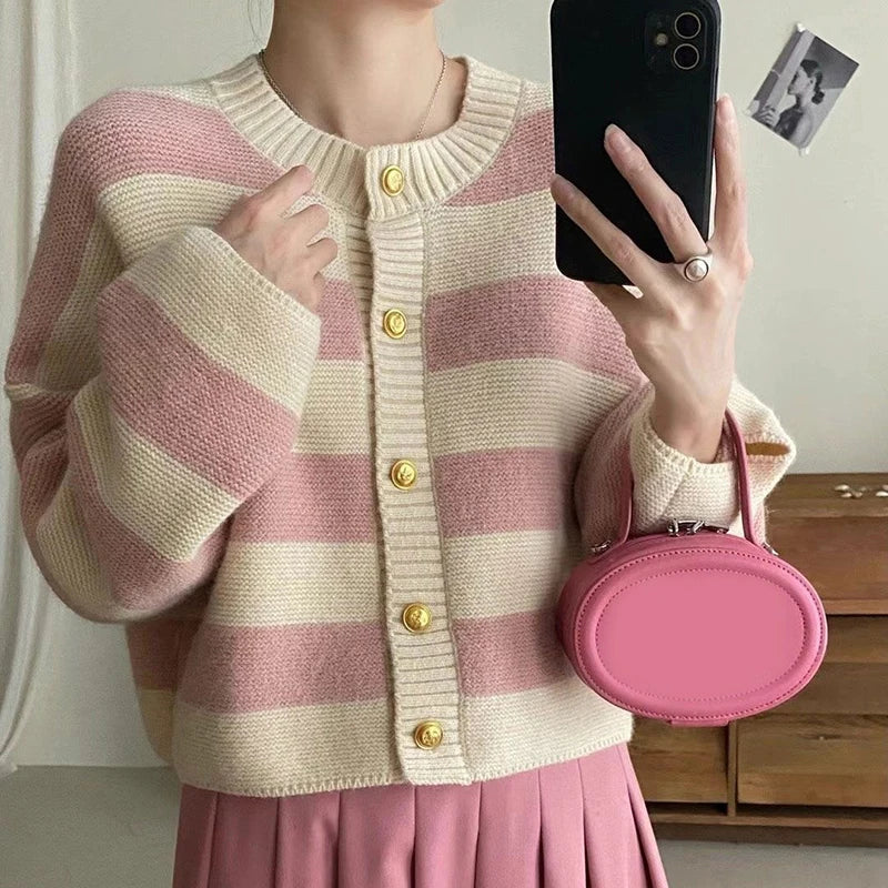 Round Neck Striped Knitted Button Up Loose Cardigan Pink