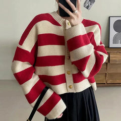 Round Neck Striped Knitted Button Up Loose Cardigan Red