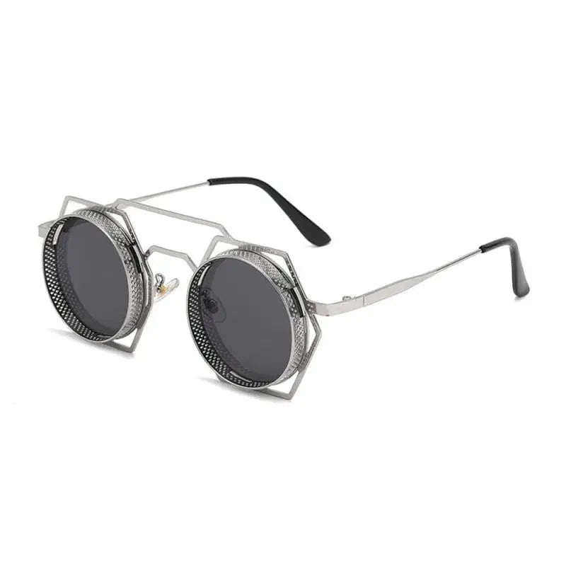 Round Sunglasses With Polygonal Base - Silver-Black