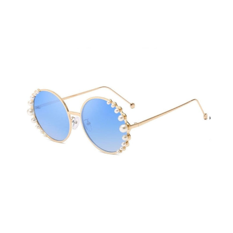 Round synthetic lateral Pearls Sunglasses - Gold / Blue /
