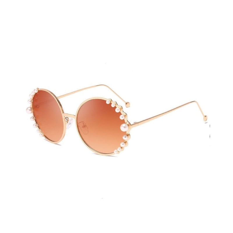 Round Imitation Pearls Sunglasses - Gold / Champagne