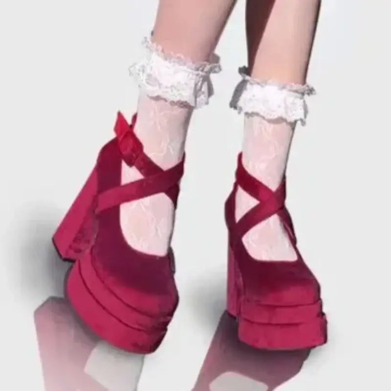 Round Toe Ankle Strap High Heel Shoes Euro Size Rosy Red