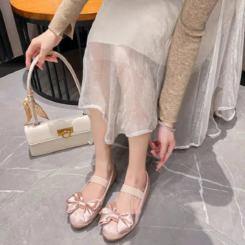 Round Toe Bow Elastic Strap Silk Ballet Flats