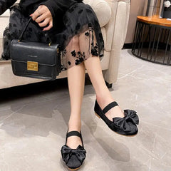 Round Toe Bow Elastic Strap Silk Ballet Flats