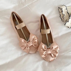 Round Toe Bow Elastic Strap Silk Ballet Flats - Shoes