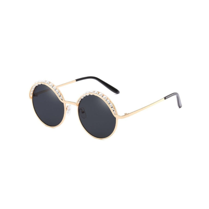 Round Imitation Pearls Sunglasses - Gold-Gray / One Size