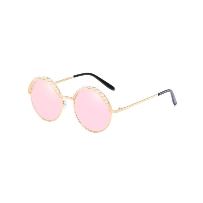 Round Imitation Pearls Sunglasses - Gold-Pink / One Size