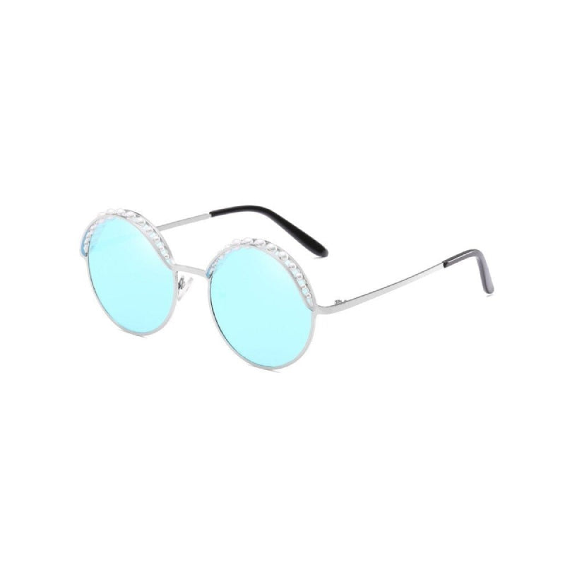 Round Imitation Pearls Sunglasses - Silver-Blue / One Size