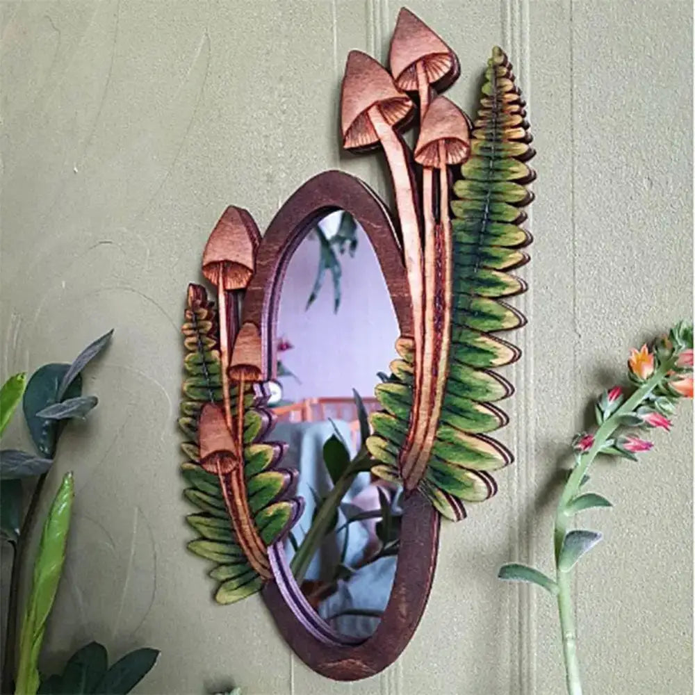 Round Wooden Mirror Hanging Mushroom Forest