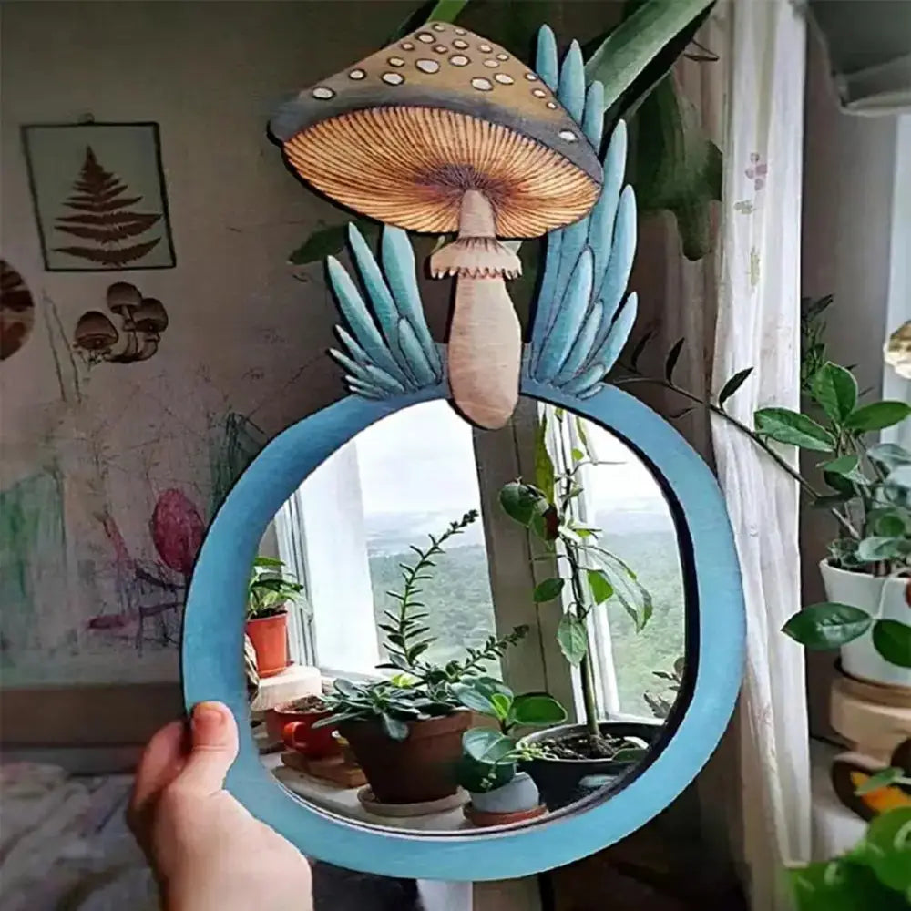 Round Wooden Mirror Hanging Mushroom Forest