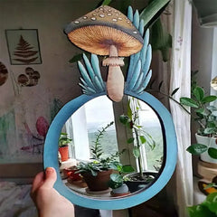 Round Wooden Mirror Hanging Mushroom Forest