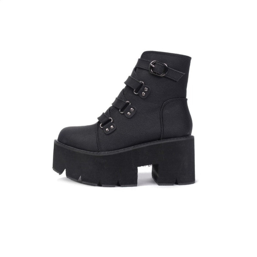 Rubber Sole Buckle Black Leather PU Ankle Boots - black
