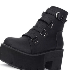 Rubber Sole Buckle Black Leather PU Ankle Boots