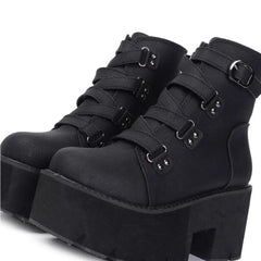 Rubber Sole Buckle Black Leather PU Ankle Boots