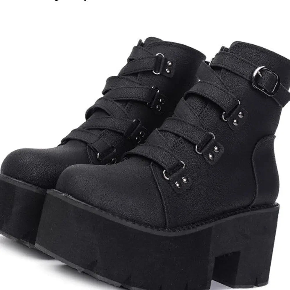 Rubber Sole Buckle Black Leather PU Ankle Boots