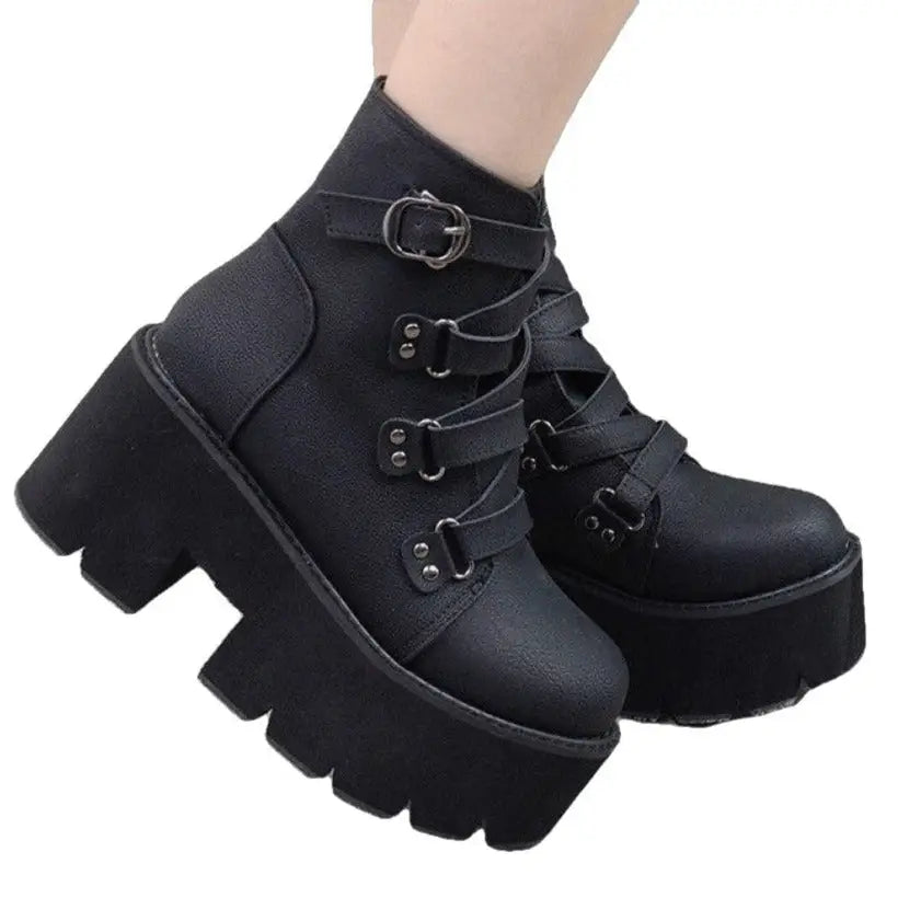 Rubber Sole Buckle Black Leather PU Ankle Boots