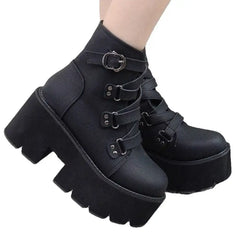 Rubber Sole Buckle Black Leather PU Ankle Boots