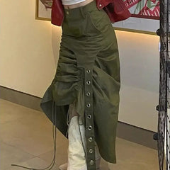 Ruched Drawstring High Waist Midi Skirt
