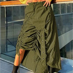 Ruched Drawstring High Waist Midi Skirt