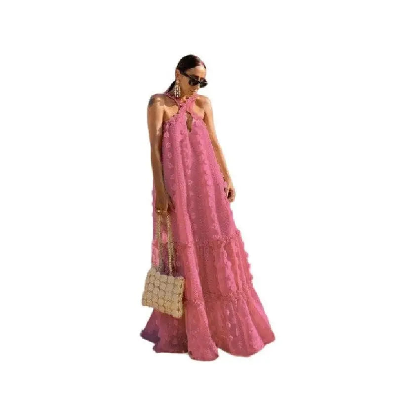 Ruffle Hollow Out Sleeveless Maxi Dress - Pink / S