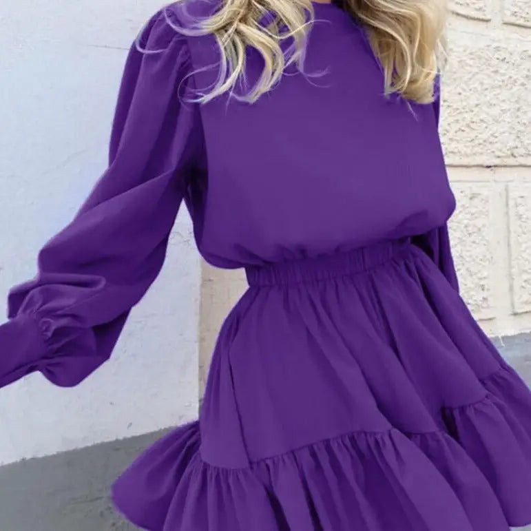 Ruffle Long Sleeve High Waist A-Line Silhouette Dress - Mini
