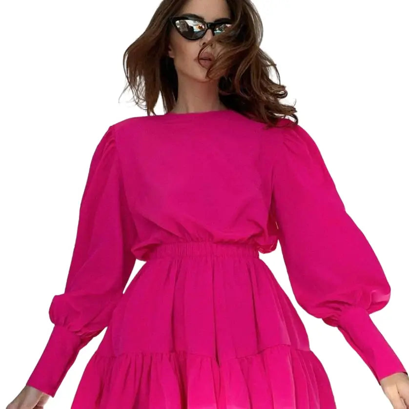 Ruffle Long Sleeve High Waist A-Line Silhouette Dress - UrbanWearOutsiders