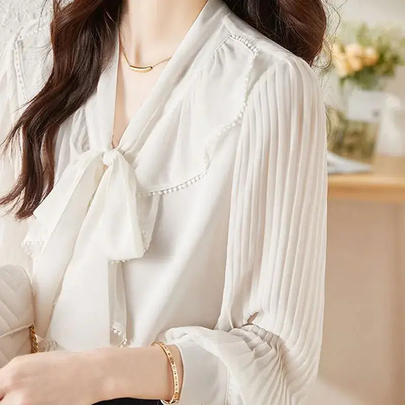 Ruffle Pleated Shirt with Bow Scarf Collar