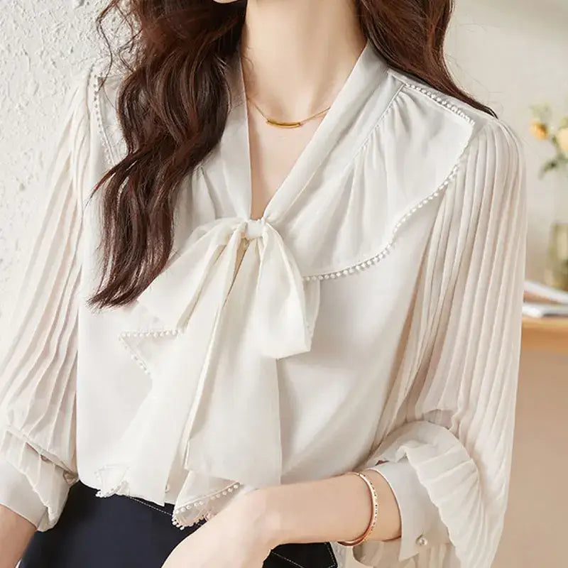 Ruffle Pleated Shirt with Bow Scarf Collar
