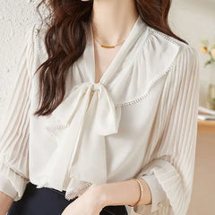 Ruffle Pleated Shirt with Bow Scarf Collar