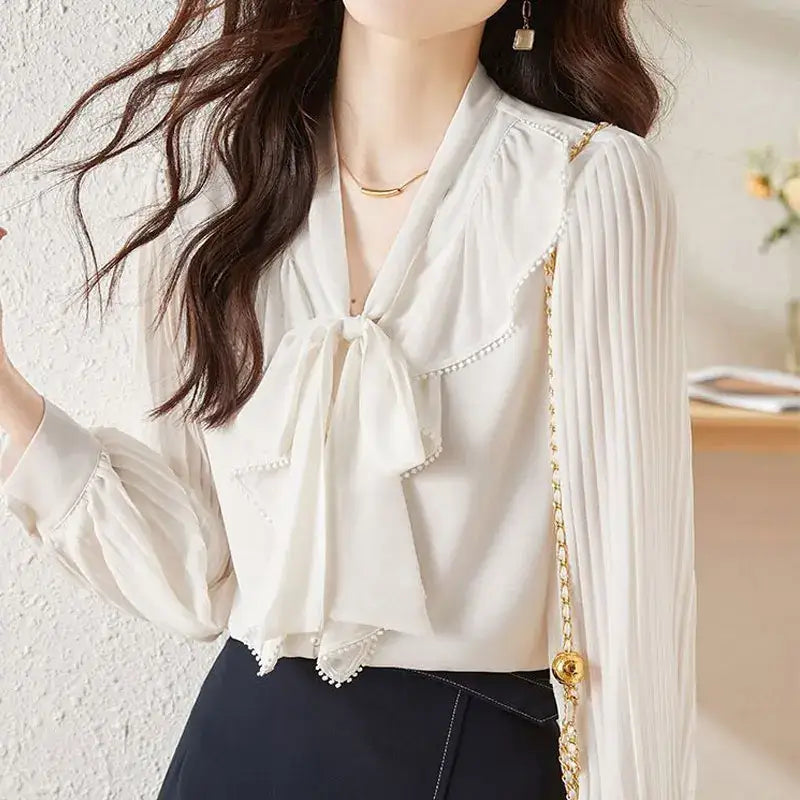 Ruffle Pleated Shirt with Bow Scarf Collar