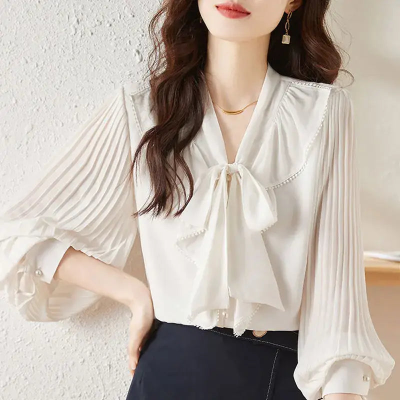 Ruffle Pleated Shirt with Bow Scarf Collar