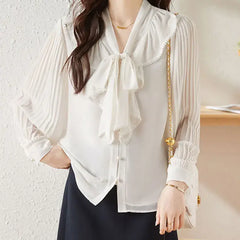 Ruffle Pleated Shirt with Bow Scarf Collar