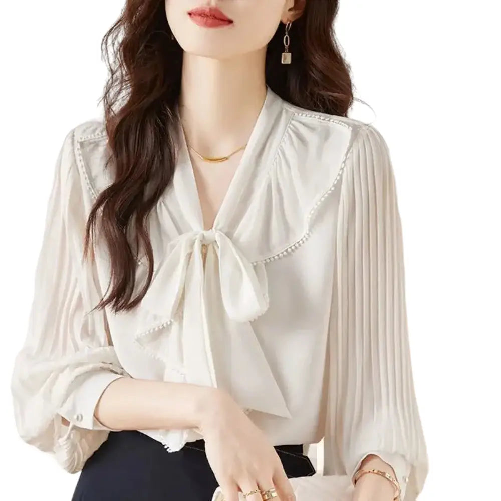 Ruffle Pleated Shirt with Bow Scarf Collar White / XS