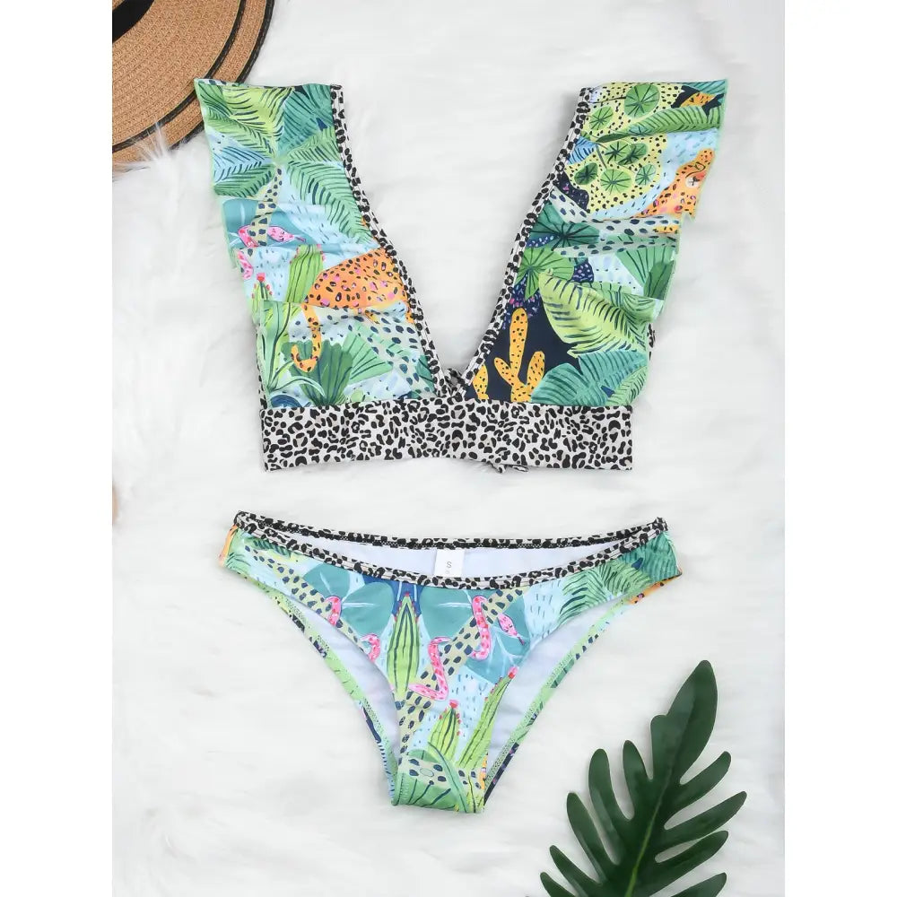 Ruffle Top Bikini - Green / S - Swimwear