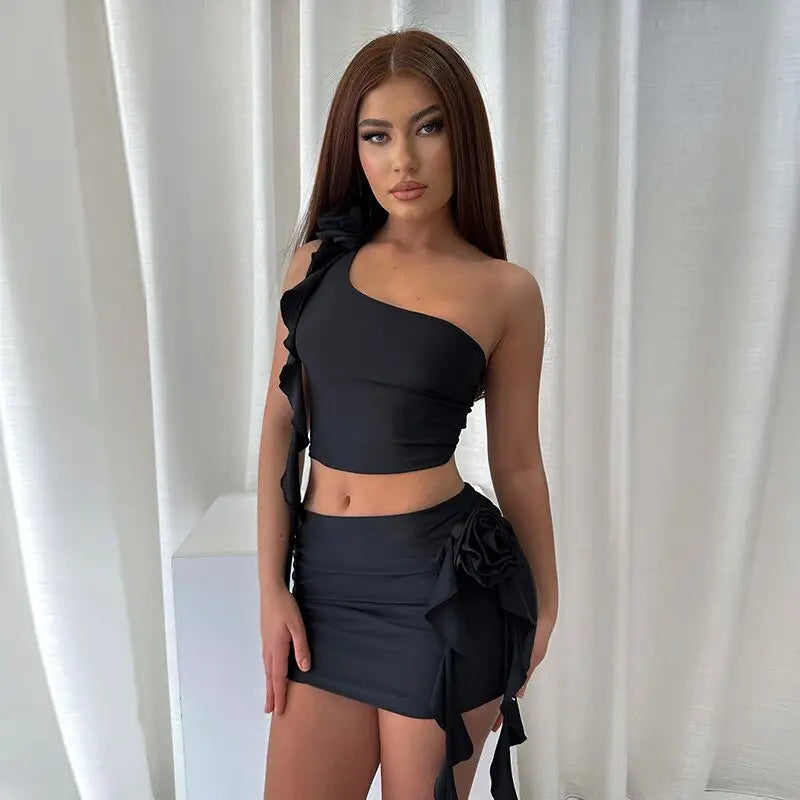 Ruffle Two Piece Shoulder Crop Top and Mini Skirt - Black