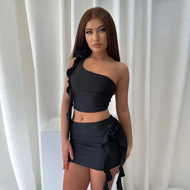 Ruffle Two Piece Shoulder Crop Top and Mini Skirt